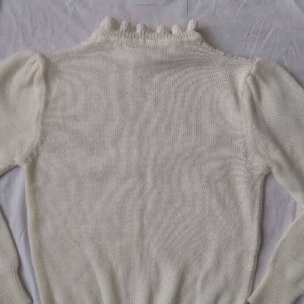Vintage Cottagecore Knit Pointelle Sweater Ruffle Neckline Ivory Womens Medium - Picture 6 of 6